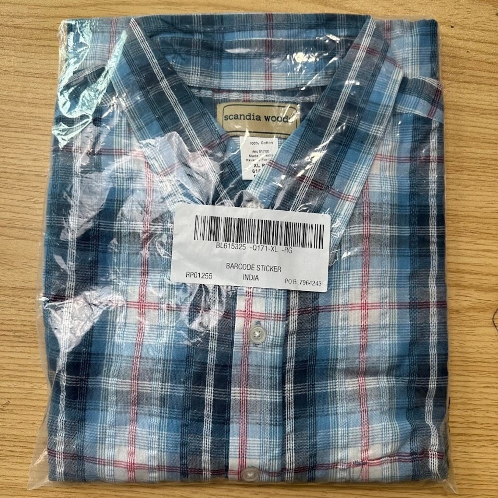 NEW Scandia Woods Men's XL Blue Plaid Cotton Button Down Shirt Long Sleeve